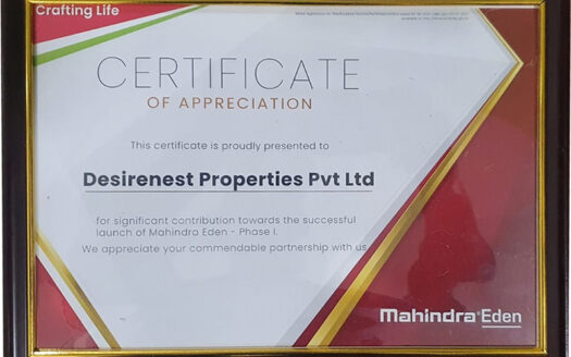 Desirenest receives Certificate of Excellence 2022 by Mahindra Lifespaces for support in Mahindra Eden Project
