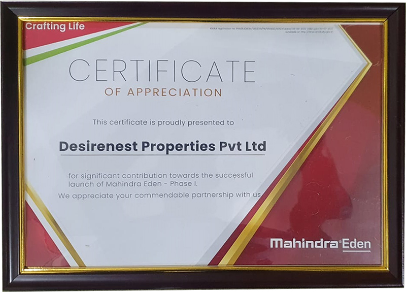 Desirenest receives Certificate of Excellence 2022 by Mahindra Lifespaces for support in Mahindra Eden Project